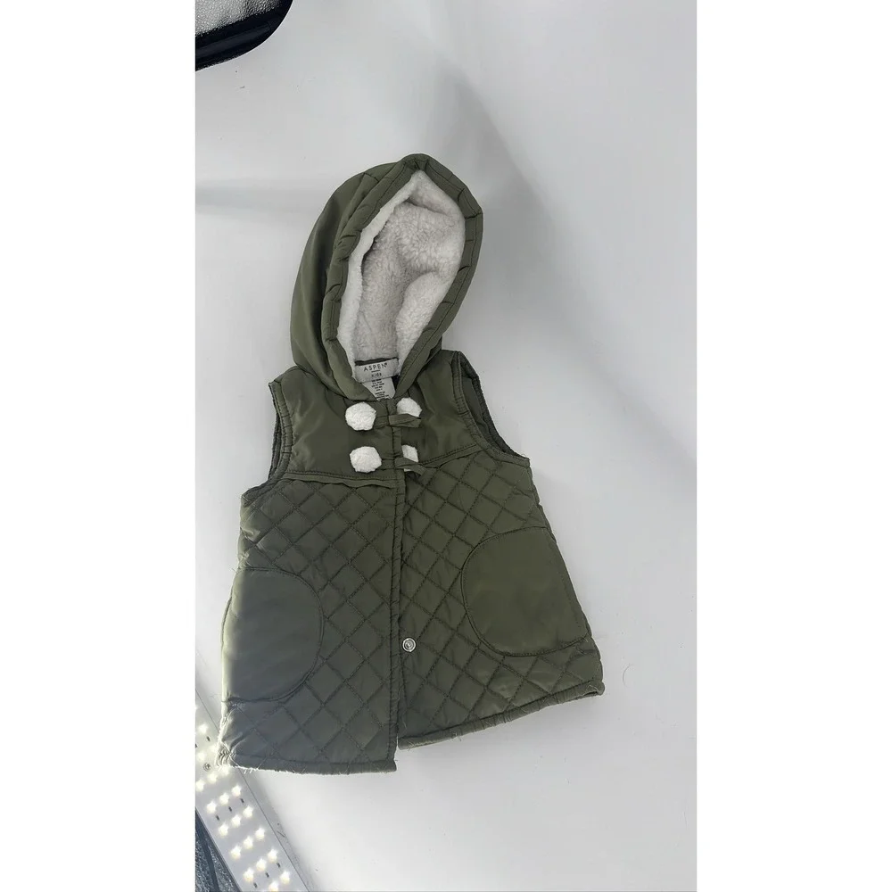 Aspen Kids Hooded Puffer Vest Sherpa Lined Olive Green 18M